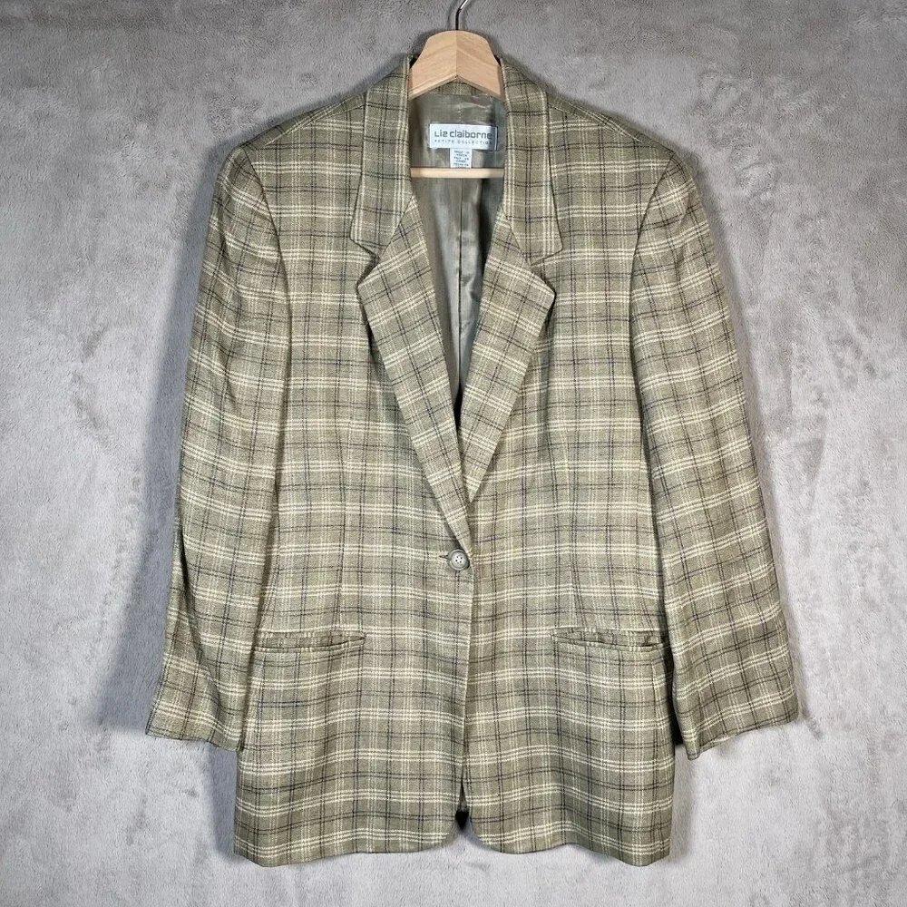 Vintage Liz Claiborne Blazer Women 12 Petite Linen Blend Plaid Academia Heritage - Picture 2 of 15